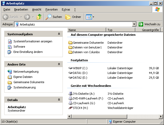 Abb. Laufwerksübersicht via Start-Menü/Explorer (Windows XP)