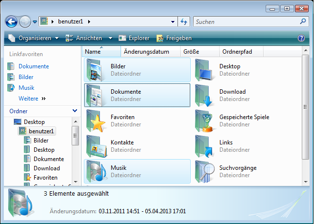 Abb. Auswahl von Benutzerordnern im Explorer (Windows Vista)