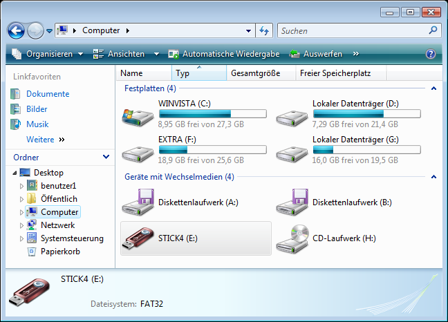 Abb. Laufwerksübersicht via Start-Menü/Explorer (Windows Vista)