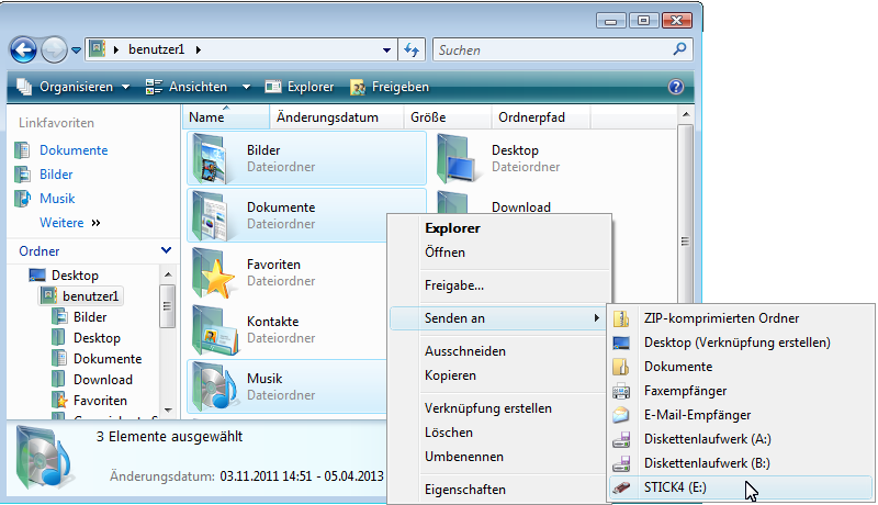 Abb. Ordnerauswahl an Laufwerk senden (Windows Vista)