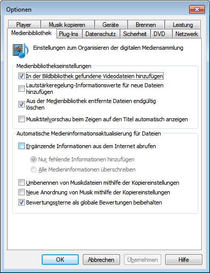 Abb. Windows Media Player Konfiguration