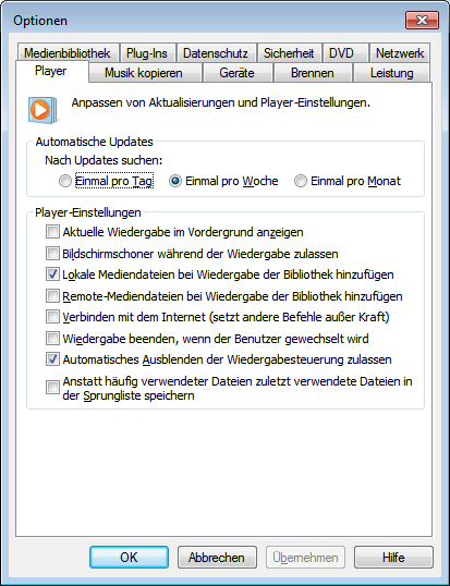 Abb. Windows Media Player Konfiguration